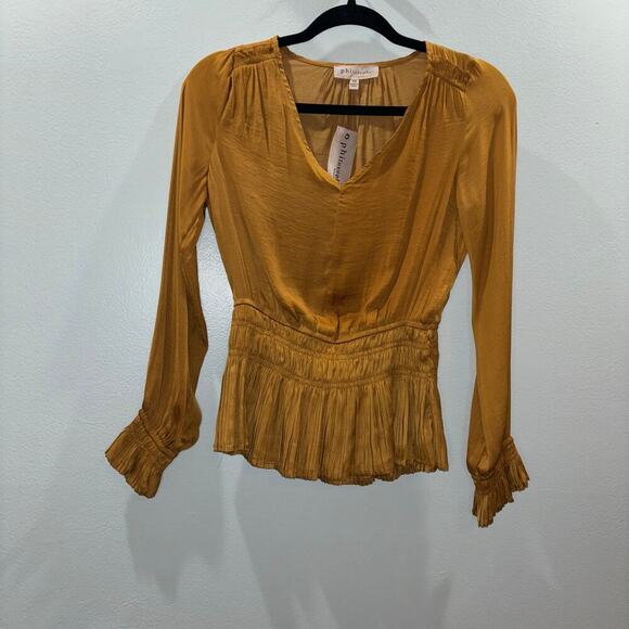Philosophy Gold Puff Sleeve Smocked Waist Pleated Blouse Size XS NWT - Picture 2 of 14